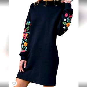 NWOT Black mini dress with embroidered sleeves size S